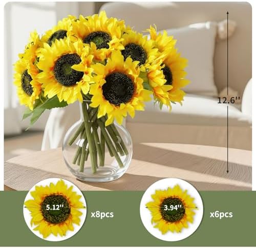 realistic silk sunflowers artificial flowers,12.6''fake sunflowers with adjustable shown in use