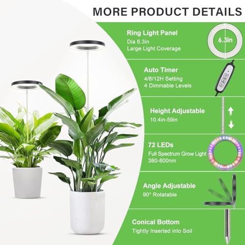 LBW Grow Lights for Indoor Plants, 6.3" Full Spectrum Grow Light, 72 LEDs | 10.4"-59” Height Adjustable Plant Light, 4 Brightness Levels, 4/8/12H Auto Timer, Ideal for Large Tall Plants, Black