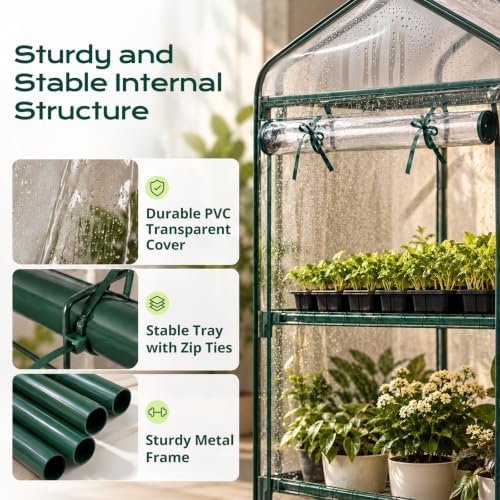 docred indoor greenhouse with grow light, 4-tier mini showing dimensions