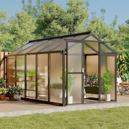 6x8 ft polycarbonate walk-in greenhouse with roof vent, close-up detail