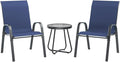 UDPATIO Patio Dining Set of 3, Outdoor Table and Chairs Set with Glass Table, 2 Stackable Patio Chairs with High Back, Outdoor Furniture Sets for Deck Garden Backyard Lawn Poolside (Blue)
