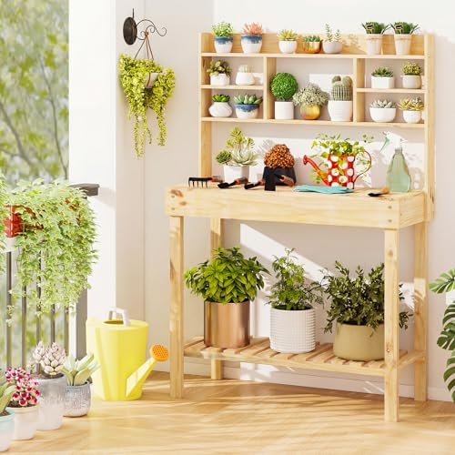 giantex potting bench, outside solid wood potting table, view 9
