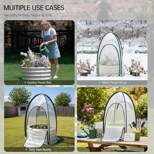 riased garden bed with greenhouse cover, raised planter showing dimensions