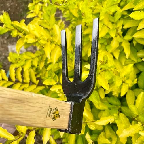 14 inch japanese hand tiller/rake for garden, 3-tines showing dimensions