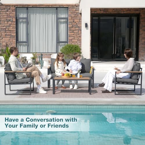 4 pieces metal patio furniture set for outdoor, close-up detail
