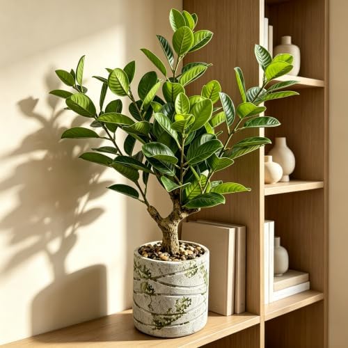 20.5 inch artificial ficus tree in cement pot, front angle view