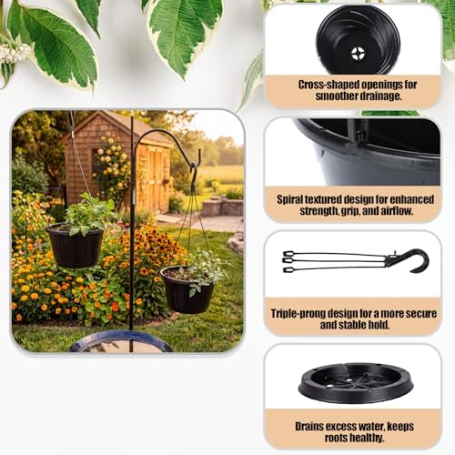 10 inch hanging planter with drainage insert, black showing dimensions