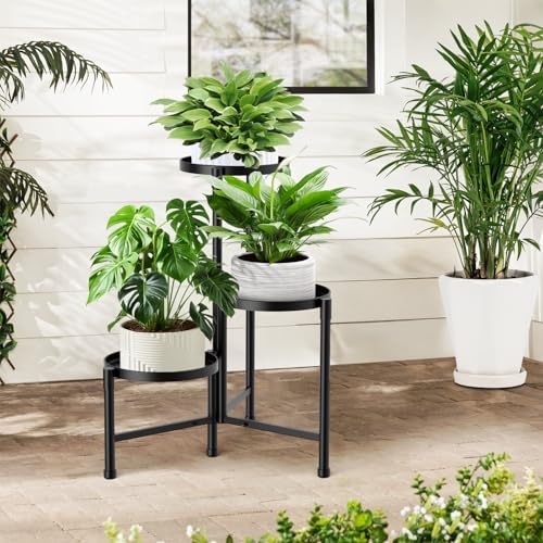 3 tier corner plant stand indoor outdoor, metal, front angle view