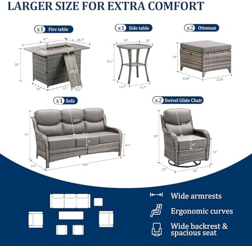 Luxury Swivel Rocker Chairs Fire Pit Set with 6" Thick Cushion 7 piece Wicker Outdoor Patio Chair with Sofa and Ottoman,Comfortable High Back Outdoor Patio Furniture Set - Gray | Gray