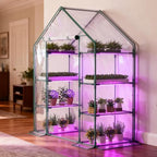 sunyrisy 4 tier dual indoor/outdoor greenhouse with grow, front angle view