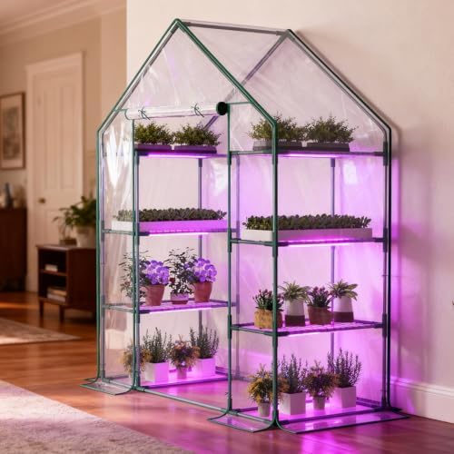sunyrisy 4 tier dual indoor/outdoor greenhouse with grow, front angle view