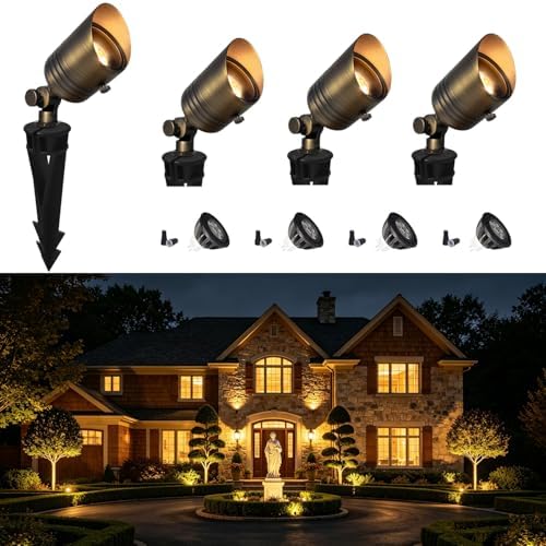 COLOER 5W 12V Brass Outdoor Landscape Spot Light with Bulb(4Pack) | Solid Brass Construction,12V Low Voltage,5W 2700K Warm White,IP65 waterproof,Replaceable MR16 Bulb,Small Size,Adjustable head