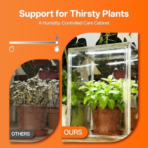bstrip small tabletop greenhouse with grow light, indoor, side view
