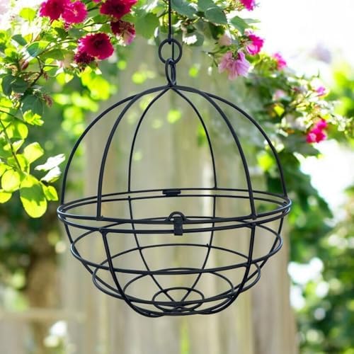 large wrought iron hanging globe planter – amish shown in use