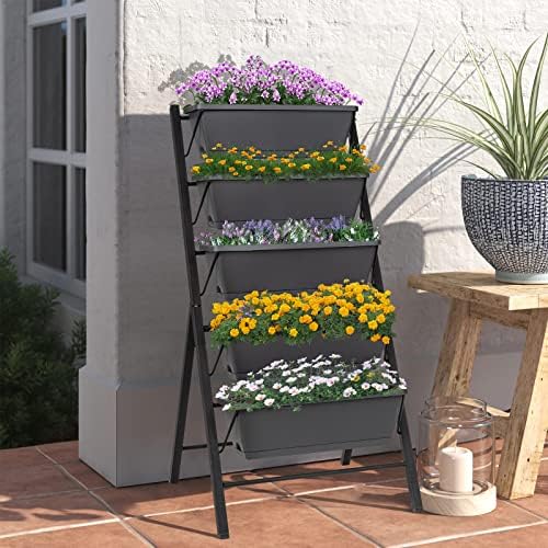 costway vertical raised garden bed, 5 tier planter shown in use