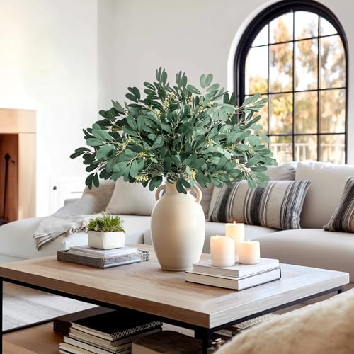 artificial eucalyptus stems, 18.5" realistic fake greenery branches, close-up detail