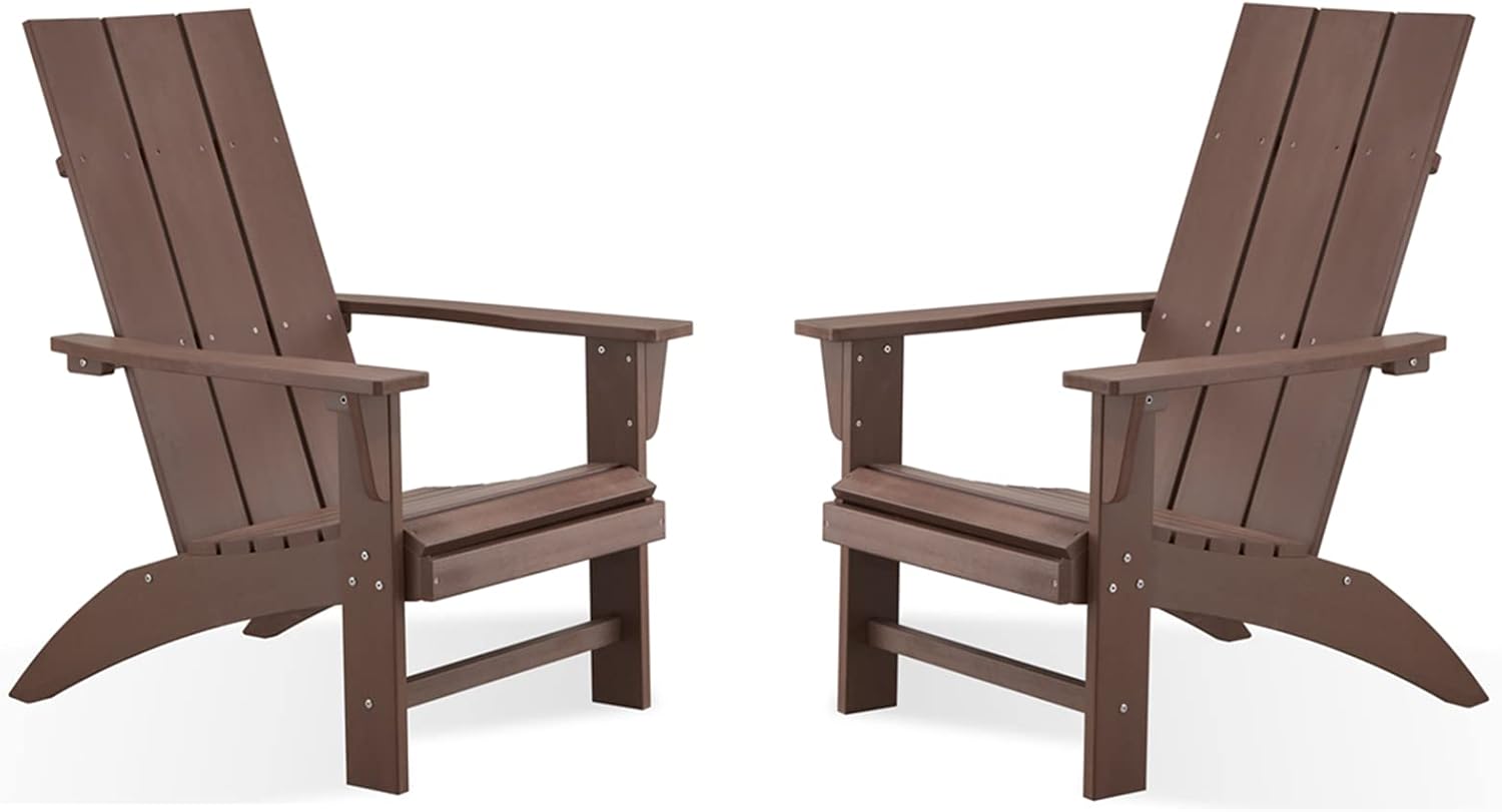 Modern Adirondack Chairs Set of 2, Oversized,Dark Brown | Poly Lumber Patio Chairs, Blue 350Lbs Support, All Weather Patio Chairs for Fire Pit Deck Backyard Patio Outdoor Garden