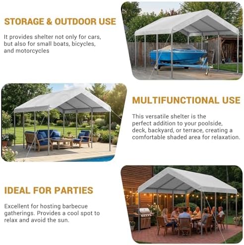 aoxun 10x20 ft heavy duty carport, adjustable height showing dimensions