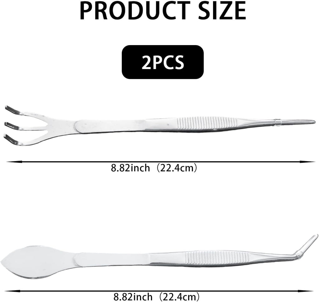 2-in-1 Bonsai Tweezers Set - 8.8" Stainless Steel Long Plant Tweezers with Rake & Spatula Tips, Straight + Curved Tools for Bonsai, Succulents & Terrariums