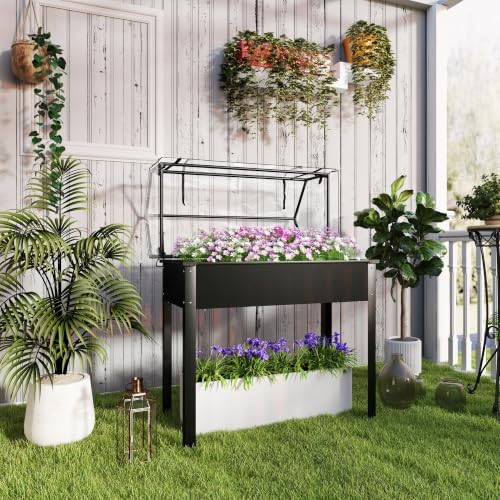 outsunny raised garden bed with flip-up cover, 39.4"x18.9"x48.8" shown in use