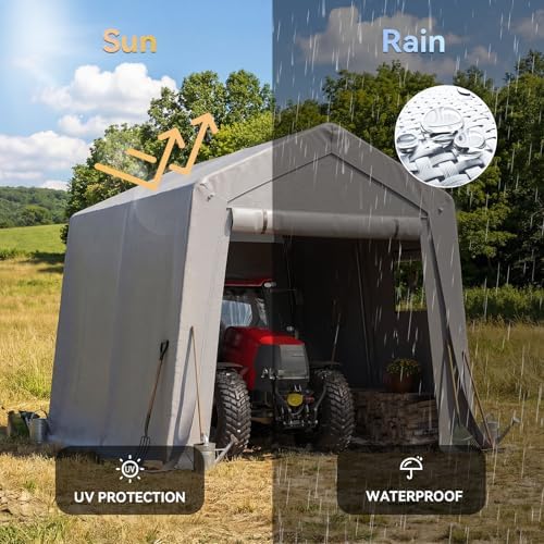 aoxun 10x10 ft outdoor portable storage shed tent showing dimensions