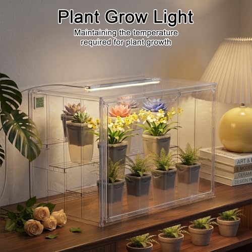clear mini indoor greenhouse, with hygrometer and grow, side view