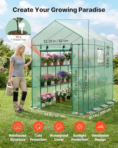 vevor walk-in greenhouse, 54" x 81.1" x 77.2" shown in use