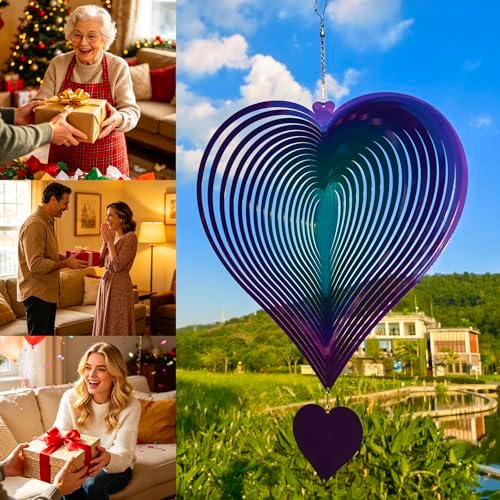 DJUAN 15in Large Heart Wind Spinner Garden Decor,Gifts for Women,Mom and Grandma,Mother's Day,Birthdays, Purple-Green Stainless Steel Hanging Yard Art Outdoor & Indoor Decorations