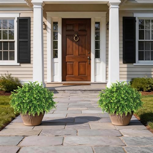 2set lifelike touch fake eucalyptus topiary ball trees, front angle view