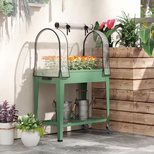 outsunny raised garden bed with greenhouse cover, lockable, front angle view