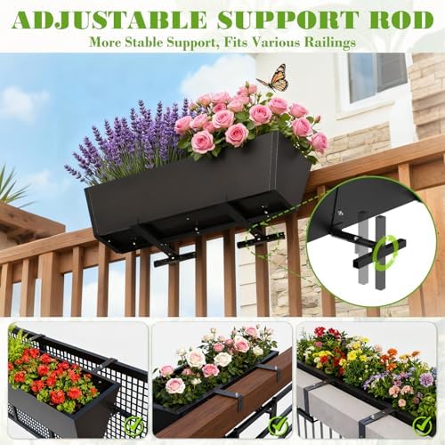 36 inch railing planter boxes, heavy duty metal shown in use