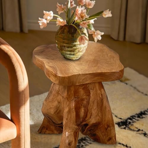 cedar wood stump mushroom stool live edge side, front angle view