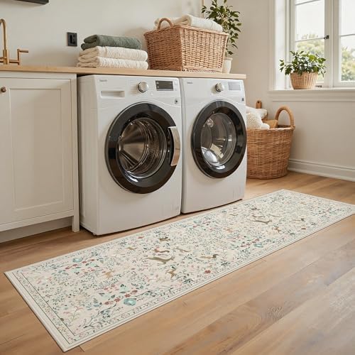 Runner Rug Washable Runners Kitchen Rugs Non Slip Neutral Floral Carpet | 2'6''x8', Beige, Animal, Hallways, Entryway, Living Room, Bedroom, Laundry, Stain Resistant, Indoor