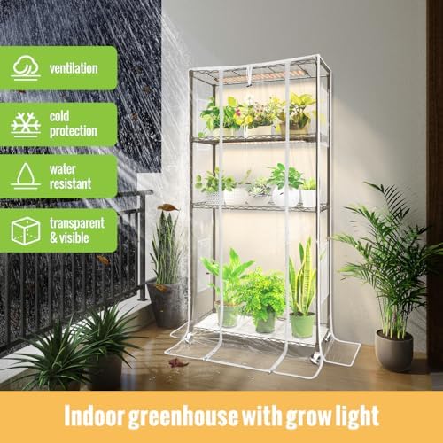 indoor greenhouse with grow light,4-tier plant shelf, 30x14x59in shown in use