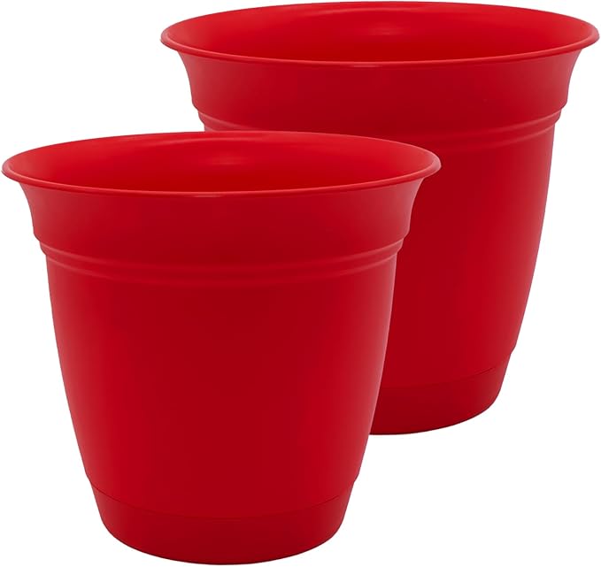 The HC Companies 10 Inch Eclipse Round Planter Pots with Drainage Holes & Attached Saucer, Lightweight UV-Resistant Plastic Indoor & Outdoor Planters, 2-Pack Flower Pots for Garden & Home Decor, Red