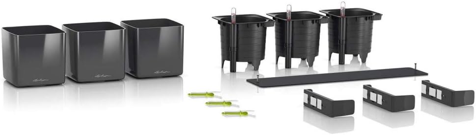 Lechuza Green Wall Home Kit Glossy Cream White High Gloss, 3 Self-Watering Hanging Planters on Metal Bar, H5.5 L18.9 W5.9 in