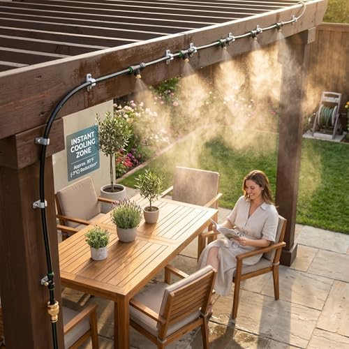misters for outside patio 63ft(19.2m)+21 brass mist nozzles+a showing dimensions