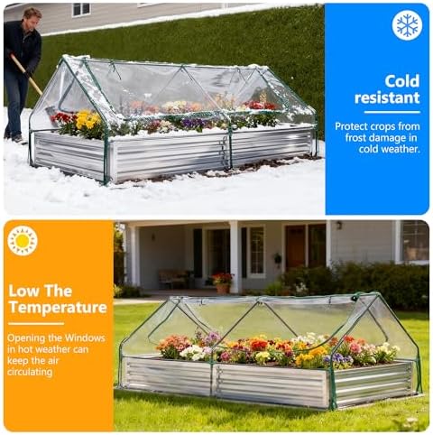 dumos galvanized raised garden bed with cover, clear shown in use