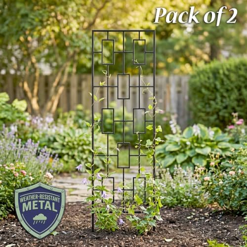 panacea black metal modern climbing plant garden trellis shown in use