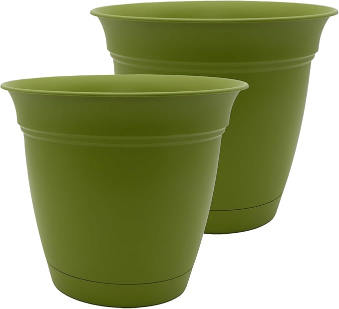 The HC Companies 20 Inch Eclipse Round Planter Pots with Drainage Holes & Attached Saucer, Lightweight UV-Resistant Plastic Indoor Outdoor Planters, 2-Pack Flower Pots for Garden & Home Decor, Peridot