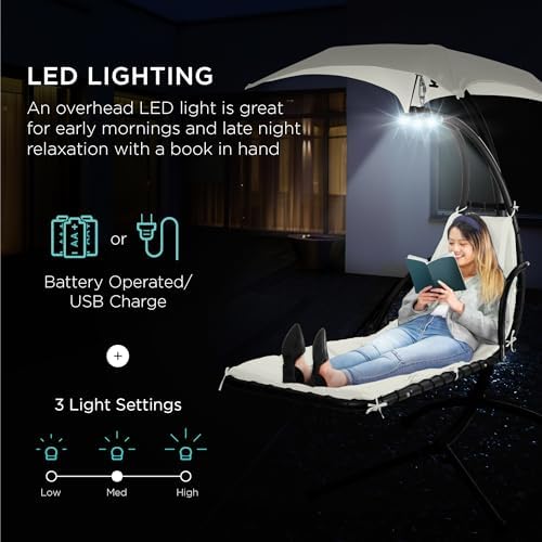 best choice products hanging led-lit curved chaise lounge, close-up detail