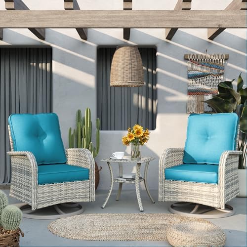 Outdoor Patio Furniture Set Patio Rocking Swivel Chair with Ottomans Outdoor Wicker Rattan Bistro Set with Tempered Glass Side Table for Garden, Deck, and Balcony, Turquoise