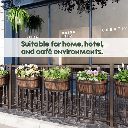 hanging flower pots with drainage holes, wooden railing, side view