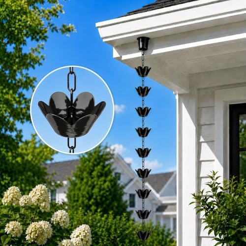 10ft rain chain for gutters, black aluminum daffodil on a desk or shelf