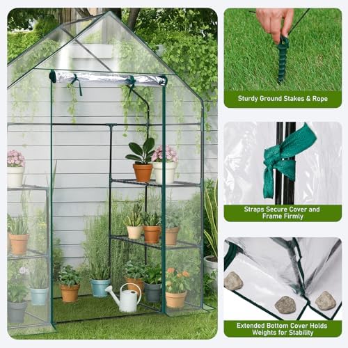 outvita walk-in greenhouse, 3 tiers 4 shelves, durable showing dimensions