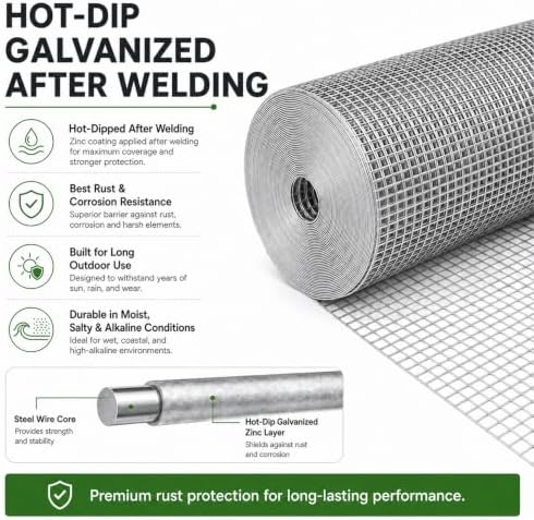 GoldPeak Hardware Cloth 1/4 inch Wire Mesh 48'' x 50' 23 Gauge | Hot-dip Galvanized After Welding, Chicken Wire Fencing Wire Fence Roll Welded Wire Fencing Wire Cloth Snake Fence