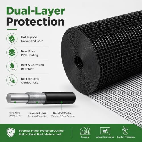GoldPeak Black Hardware Cloth 1/2 Inch Mesh 48 Inch x 100 Foot 19 Gauge | Vinyl Coated Welded Wire Mesh Roll Chicken Wire Fencing Garden Fence Tree Guard Hardware Mesh Wire Fence Roll