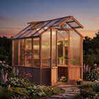 modern shade everbloom 6.5'x8' wooden greenhouse, 8' extra-tall shown in use