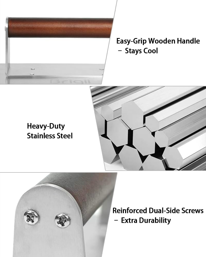 Brigii Smash Burger Press, Rectangular Grill Press, Bacon Press, Heavy Duty | Stainless steel, smooth surface, heat-resistant wooden handle, dishwasher safe, no seasoning, patties, steak, chicken, BBQ