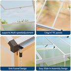 6x10 ft greenhouse, easy assembly aluminum polycarbonate greenhouses showing dimensions